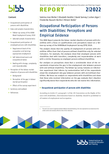 Coverbild: BIBB Report 2/2022 - Occupational Participation of Persons with Disabilities: Perceptions and Empirical Evidence