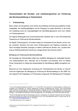 Dokumente: Dokumentation der Bundes- und Länderprogramme zur Förderung der Berufsausbildung in Deutschland