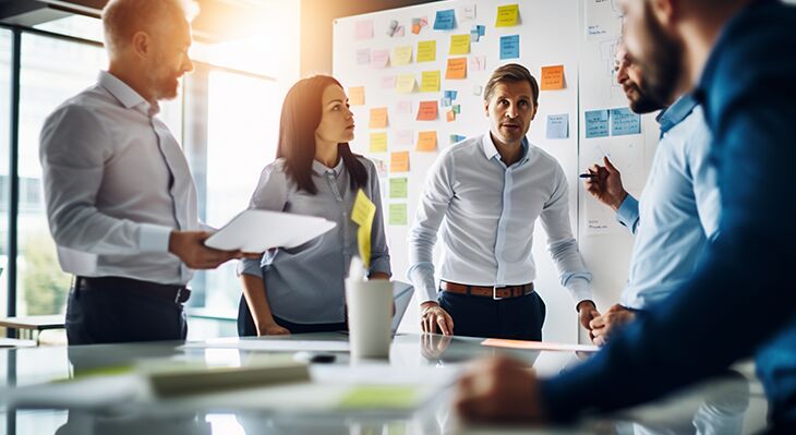 F&uuml;nf Personen stehen an einem Tisch in einem B&uuml;ro und diskutieren. Eine Person h&auml;lt Unterlagen in der Hand, w&auml;hrend eine andere gestikuliert. Im Hintergrund ist eine Wand mit vielen bunten Haftnotizen zu sehen.