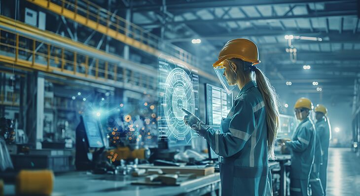 Junge Frau mit gelbem Helm in einer Werkhalle, KI gesteuerte Bildschirme vor Frau 