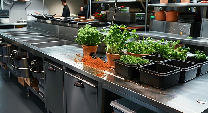 Frische Kr&auml;uter und Gew&uuml;rze in einer Restaurant-Gro&szlig;k&uuml;che 