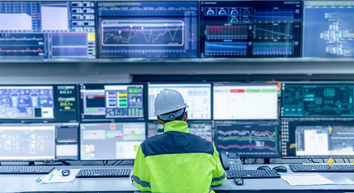 Ein Mann ingelber Warnweste und wei&szlig;em Helm sitzt vor einer Wand mit Monitoren, die verschiedene Graphen zeigen.  