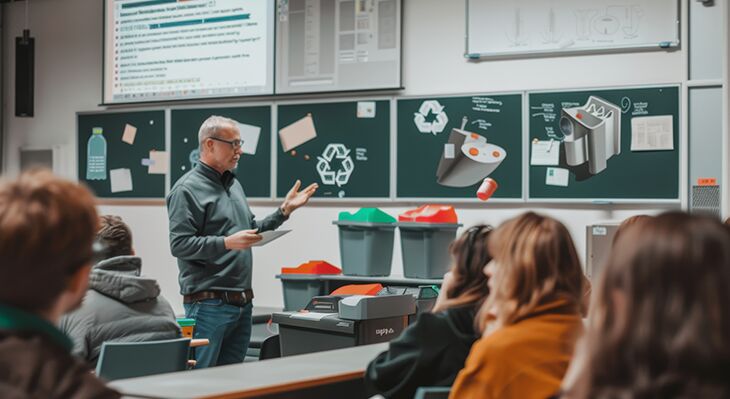 Lehrer unterrichtet nachhaltige Themen in einem Klassenzimmer. 