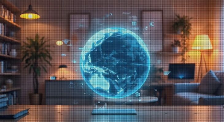 A digital globe hovers over a table.