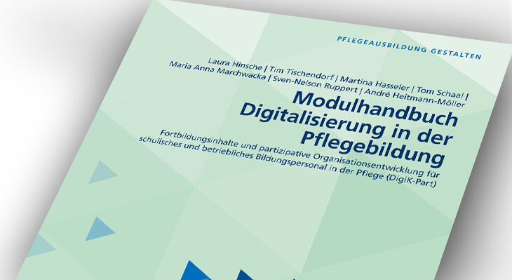 Das Bild visualisiert und bewirbt das Modulhandbuch Digitalisierung in der Pflegebildung.