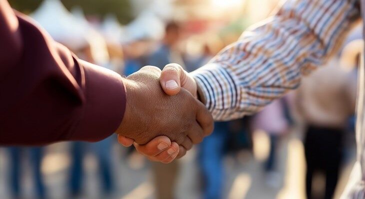 Zwei Personen geben sich die Hand, eine tr&auml;gt ein dunkelrotes und die andere ein kariertes Hemd.