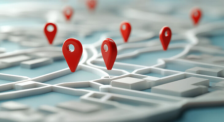 3D-Stadtplan mit mehreren roten Standortmarkierungen