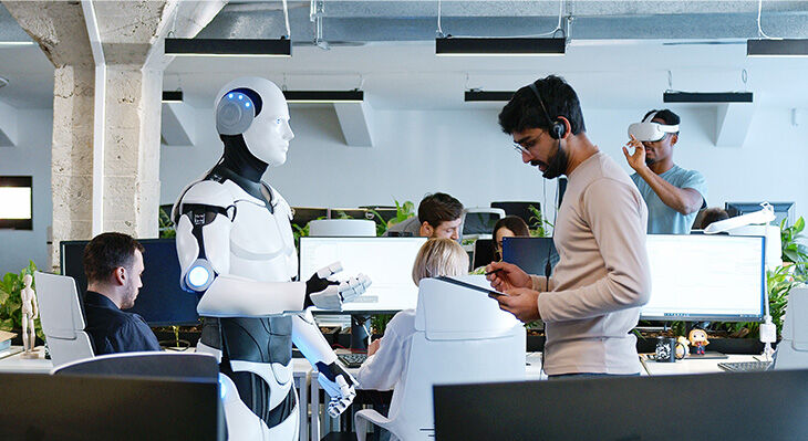 Ein Mann steht mit einem Tablett einem Roboter gegenüber in einer Bürosituation mit anderen sitzenden Mitarbeitern an Computern