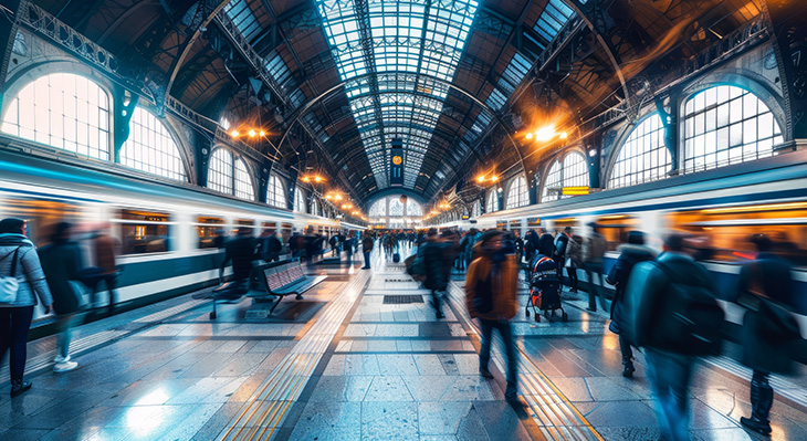 Belebter Bahnhof mit hohen Glasdachb&ouml;gen und verschwommenen Menschen und Z&uuml;gen in Bewegung