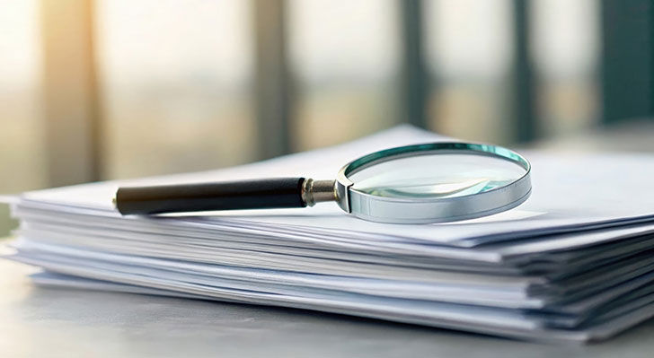 Lupe mit schwarzem Griff liegt auf einem Stapel weißer Papiere auf einem Tisch.