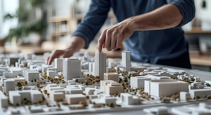 Person setzt ein Hochhausmodell in eine Architekturmodell-Stadtlandschaft