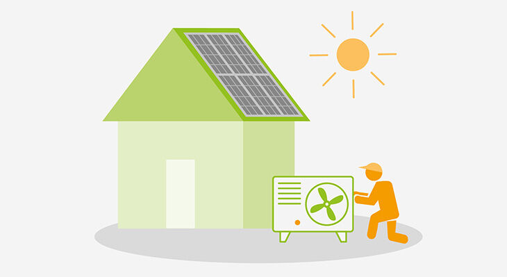Die Grafik zeigt ein Haus mit einer Solaranlage auf dem Dach, davor arbeitet eine Person an einer W&auml;rmepumpe