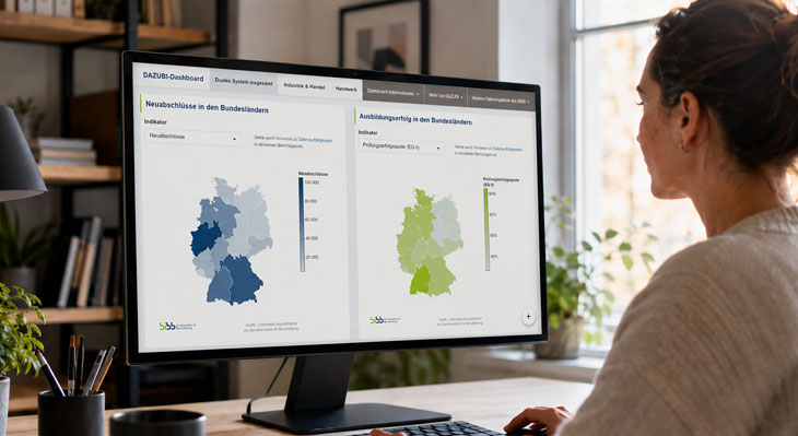 Frau mit Dutt sitzt vor einem gro&szlig;en Monitor, auf dem zwei farbige Deutschlandkarten mit Datenvisualisierungen zu sehen sind