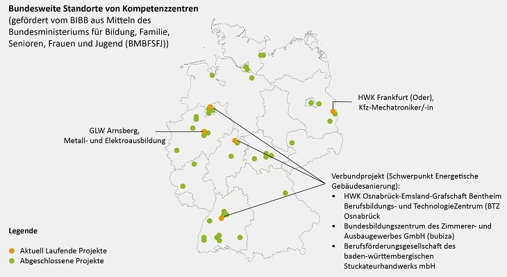 Landkarte mit bundesweiten Standorten der Kompetenzzentren. Hervorgehoben werden die aktuell laufenden Projekte 