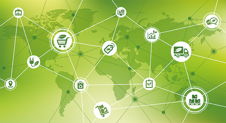 Grafik zur Darstellung von nachhaltigen Lieferketten weltweit: Icons der versch. Stationen in der Lieferkette in einem Netz über die Weltkarte verteilt