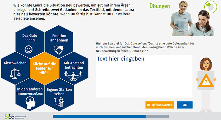 Grafik zeigt ein Beispiel für eine offene Übung, in diesem Fall: Situation neu bewerten, um gut mit Ärger umzugehen.