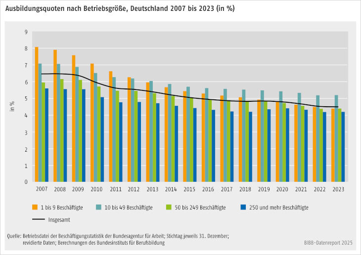 Schaubild 2 zur Entwicklung der Ausbildungsquote ab 2007. Säulen zeigen die Ausbildungsquote nach Betriebsgrößenklassen. Ein Liniendiagramm veranschaulicht die sinkende Entwicklung der Gesamtquote.