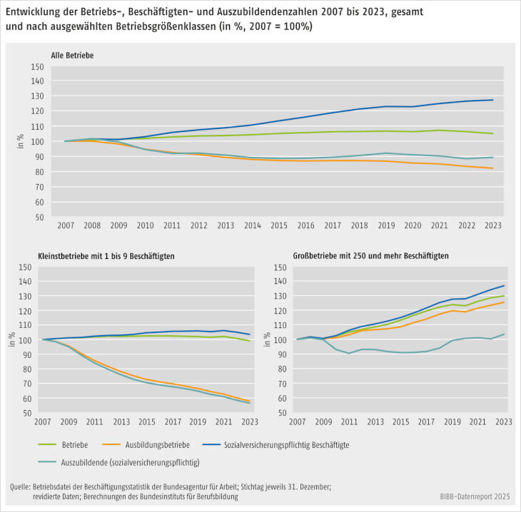 Schaubild 3 zur Entwicklung der Betriebs-, Beschäftigten- und Auszubildendenzahlen von 2007 bis 2022.