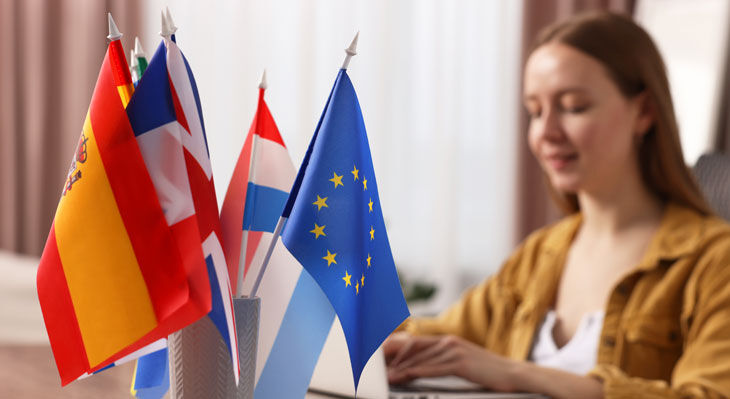 Mehrere kleine Tischflaggen, darunter die Flaggen von Spanien, Frankreich, den Niederlanden und der Europ&auml;ischen Union, vor einer verschwommenen Person im Hintergrund