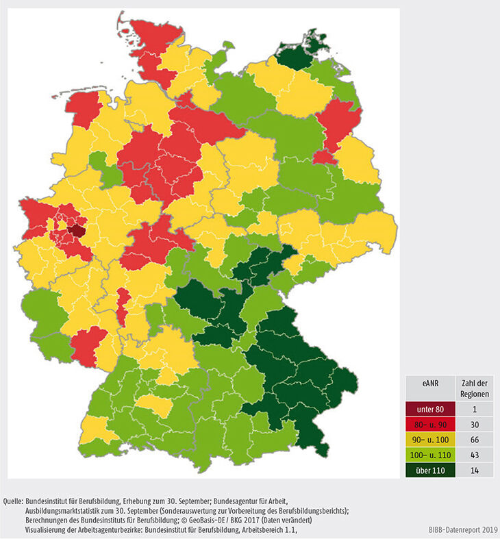 SCHAUBILD A1.1.1-2: VERHÄLTNISSE VON ANGEBOT UND NACHFRAGE (EANR) 2018 IN DEN ARBEITSAGENTURBEZIRKEN