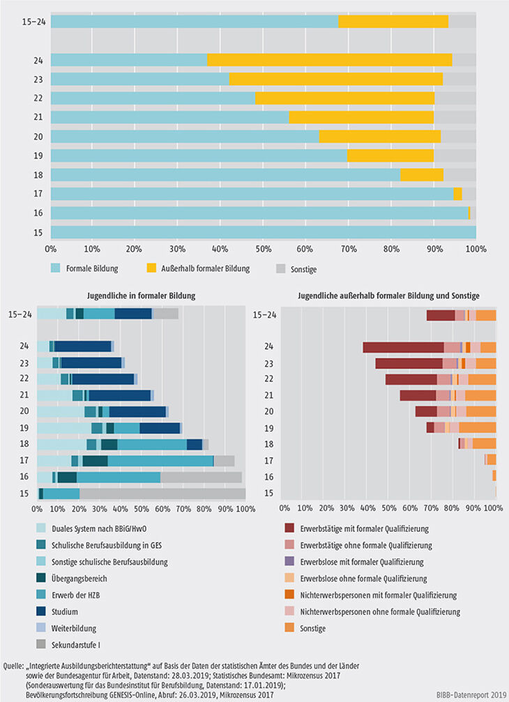 Schaubild A4.1-1: A nteil der Jugendlichen in den Bildungssektoren und -konten nach Altersjahren 2017 in % (Bestandsdaten)