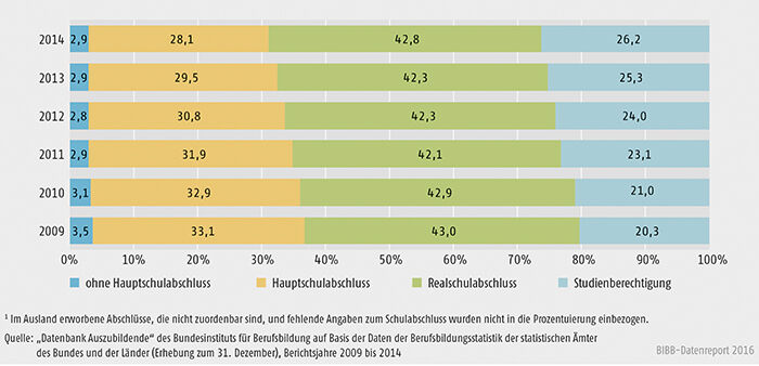 Schaubild A4.6.1-1: Schulische Vorbildung der Auszubildenden mit neu abgeschlossenem Ausbildungsvertrag 2009 bis 2014 (in %)