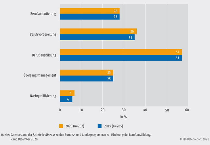 Schaubild A9.4.3-2: Handlungsfelder der Landesprogramme zur Förderung der Berufsausbildung (Mehrfachzuweisungen, in %)