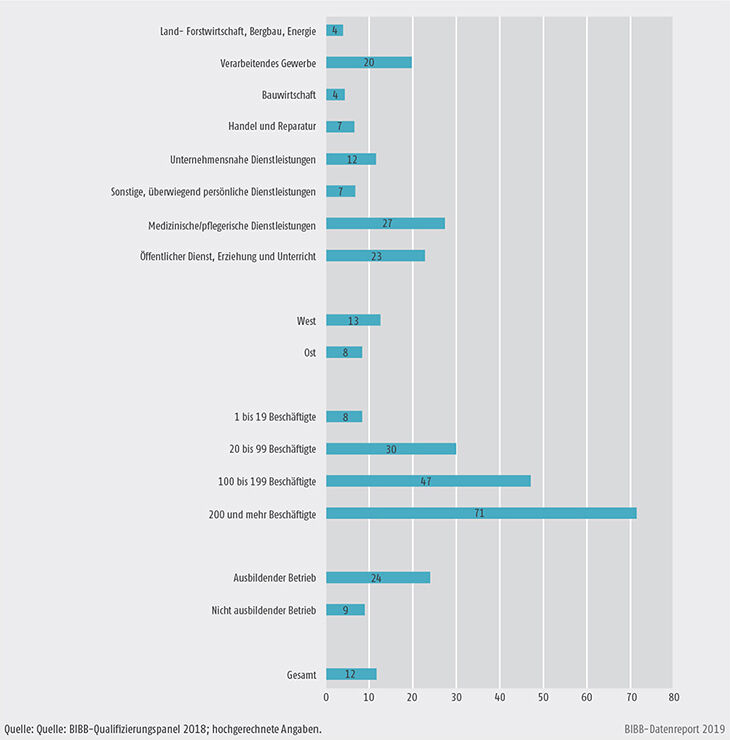 Schaubild B1.2.3-1: Anteil der Betriebe mit Aufstiegsfortbildungen im Jahr 2017 nach Strukturmerkmalen (in %)
