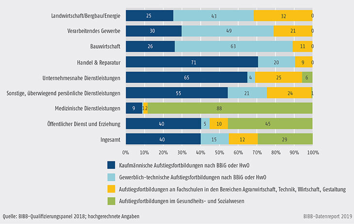 Schaubild B1.2.3-2: Verteilung der Teilnehmer/-innen an Aufstiegsfortbildungen im Jahr 2017 nach Fachrichtungen und Wirtschaftszweigen (in %)