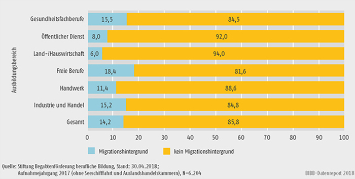Schaubild B3.3.1-2: Migrationshintergrund der Stipendiatinnen und Stipendiaten nach Ausbildungsbereichen (in %)