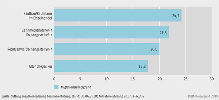 Schaubild B3.3.1-3: Berufe mit dem höchsten Anteil an Migranten und Migrantinnen 2017 (in %)