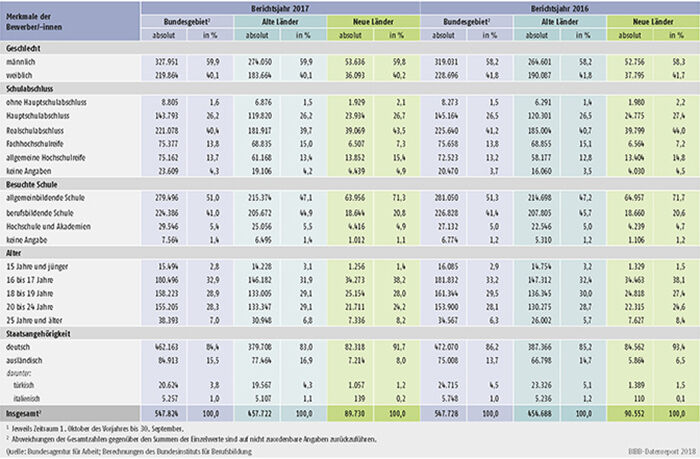 Tabelle A1.3-2: Geschlecht, Schulabschluss, besuchte Schule, Alter und Staatsangehörigkeit der bei den Arbeitsagenturen und Jobcentern gemeldeten Bewerber/-innen der Berichtsjahre 2017 und 2016