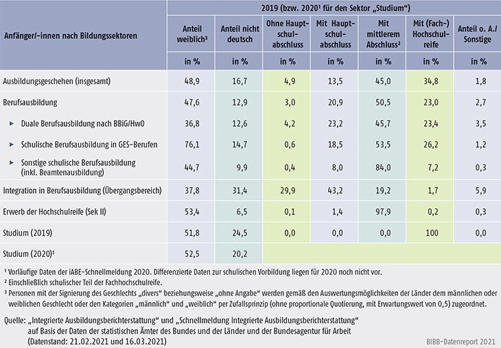 Tabelle A4.1-2: Anfänger/-innen in den Bildungssektoren nach ausgewählten Merkmalen (in %)