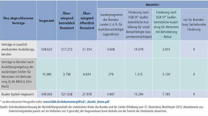 Tabelle A4.4-6: Staatlich anerkannte Ausbildungsberufe und Ausbildungsregelungen der zuständigen Stellen für Menschen mit Behinderung (§ 66 BBiG/§ 42m HwO) nach Art der Förderung, Berichtsjahr 2012