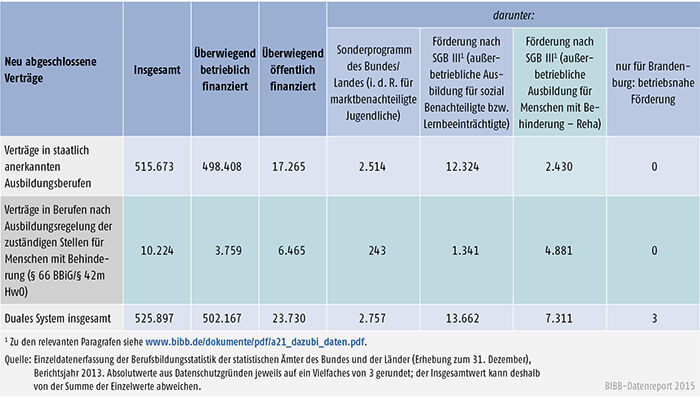 Tabelle A 4.4-6: Staatlich anerkannte Ausbildungsberufe und Ausbildungsregelungen der zuständigen Stellen für Menschen mit Behinderung (§ 66 BBiG/§ 42m HwO) nach Art der Förderung, Berichtsjahr 2013