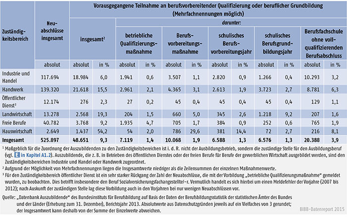 Tabelle A 4.6.2-1: Vorausgegangene Teilnahme an berufsvorbereitender Qualifizierung oder beruflicher Grundbildung nach Zuständigkeitsbereichen, Bundesgebiet 2013