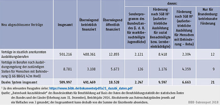 Tabelle A5.4-6: Staatlich anerkannte Ausbildungsberufe und Ausbildungsregelungen der zuständigen Stellen für Menschen mit Behinderung (§ 66 BBiG/§ 42m HwO) nach Art der Förderung, Berichtsjahr 2016