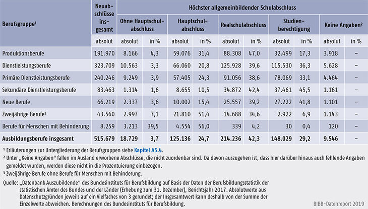 Tabelle A5.5.1-4: A uszubildende mit neu abgeschlossenem Ausbildungsvertrag nach höchstem A5 allgemeinbildenden Schulabschluss und Berufsgruppen, Bundesgebiet 2017