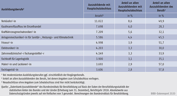 Tabelle A5.5.1-6: Die 10 von Auszubildenden mit neu abgeschlossenem Ausbildungsvertrag und Hauptschulabschluss am stärksten besetzten Ausbildungsberufe 2018
