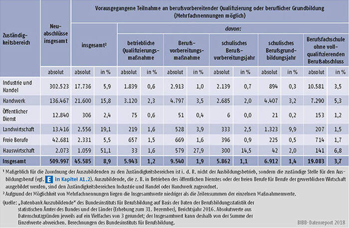 Tabelle A5.5.2-1: Vorausgegangene Teilnahme an berufsvorbereitender Qualifizierung oder beruflicher Grundbildung nach Zuständigkeitsbereichen, Bundesgebiet 2016