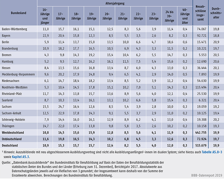 Tabelle A5.8-2: Auszubildende mit neu abgeschlossenem Ausbildungsvertrag nach Alter und Region 2017 (in %)