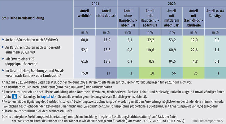 Tabelle A6.1.2-1: Anfänger/-innen in schulischer Berufsausbildung nach Geschlecht, Staatsangehörigkeit und schulischer Vorbildung (in %)
