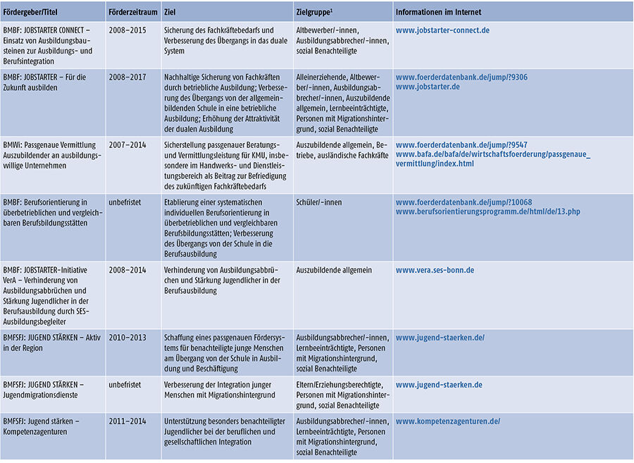 Auswahl relevanter Förderinitiativen und Sonderprogramme des Bundes für den Förderbereich Übergang Schule - Beruf 2013/2014 (Teil 1)