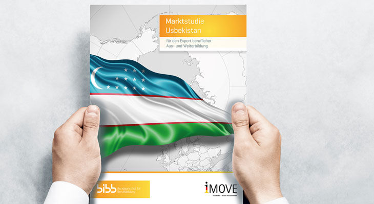 Titelbild der Studie mit usbekischer Nationalflagge im Vordergrund und Grafik der Region im Hintergrund