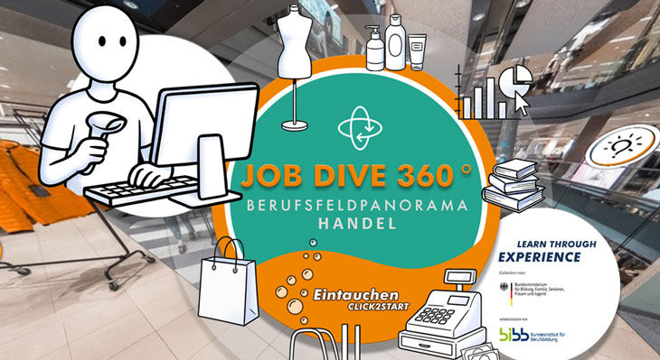 Illustration mit stilisierter Person am Computer und Symbolen aus dem Handel vor unscharfem Einkaufszentrum-Hintergrund