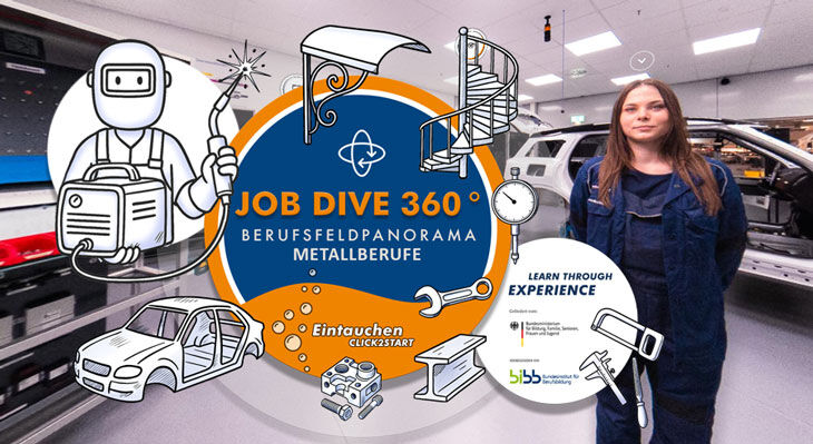 Frau in blauer Arbeitskleidung steht in Werkstatt mit Auto im Hintergrund und grafische Elemente mit Text 'JOB DIVE 360&deg; BERUFSFELDPANORAMA METALLBERUFE'