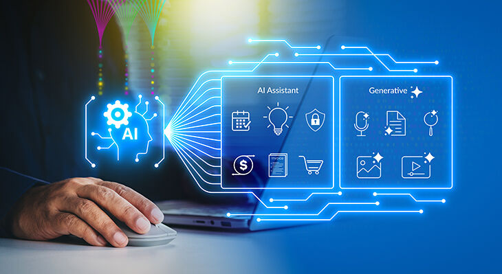 Eine Hand h&auml;lt eine Computermouse, daneben eine grafische Darstellung von Ki-Funktionen