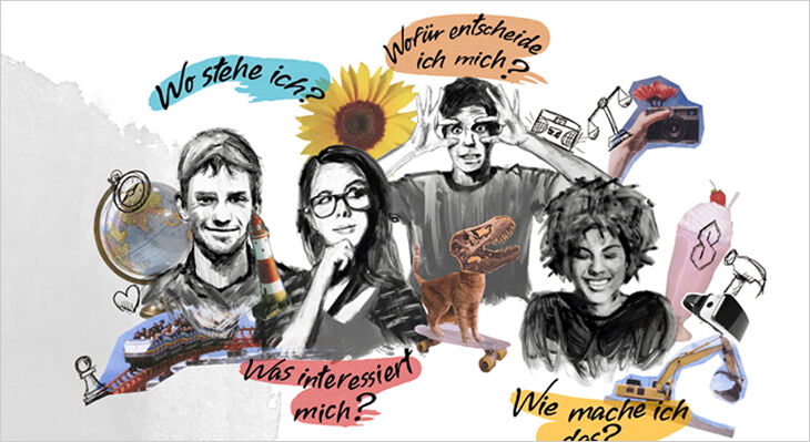 Illustration von vier Personen mit unterschiedlichen Gesichtsausdrücken: Lachen, Weinen und Nachdenklichkeit.