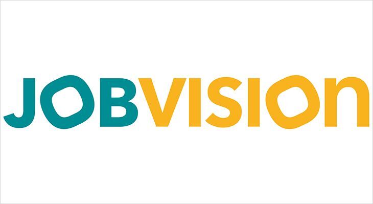 Schriftzug 'JOBVISION' in Gro&szlig;buchstaben, wobei 'JOB' in T&uuml;rkis und 'VISION' in Orange dargestellt ist