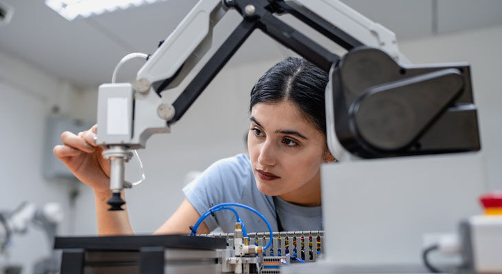 Eine Frau  bedient einen Industrieroboterarm in einem Labor.